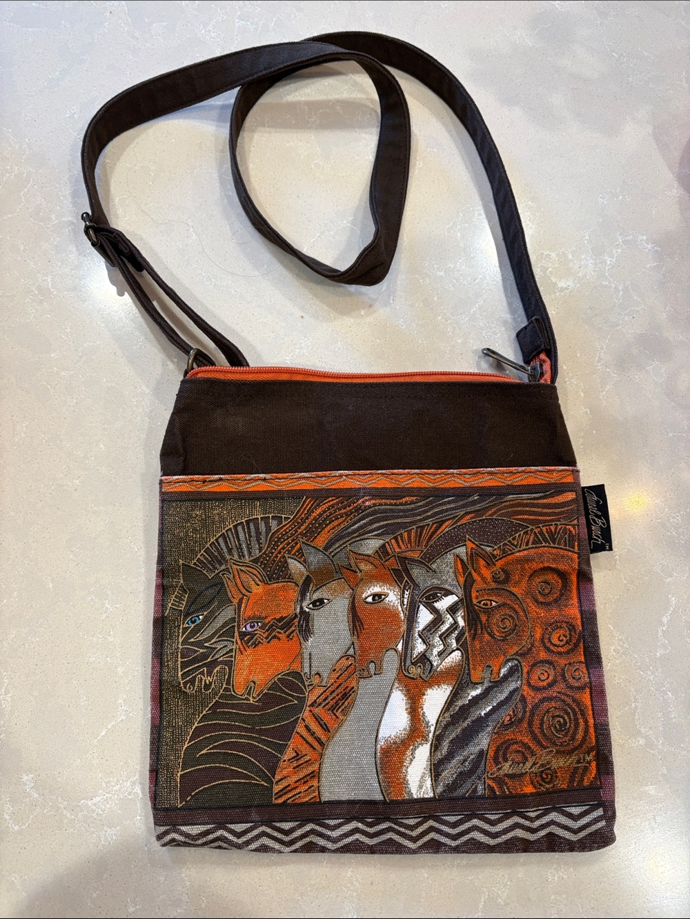 Laurel Burch Brown and Orange Illustrated Horses Crossbody Bag